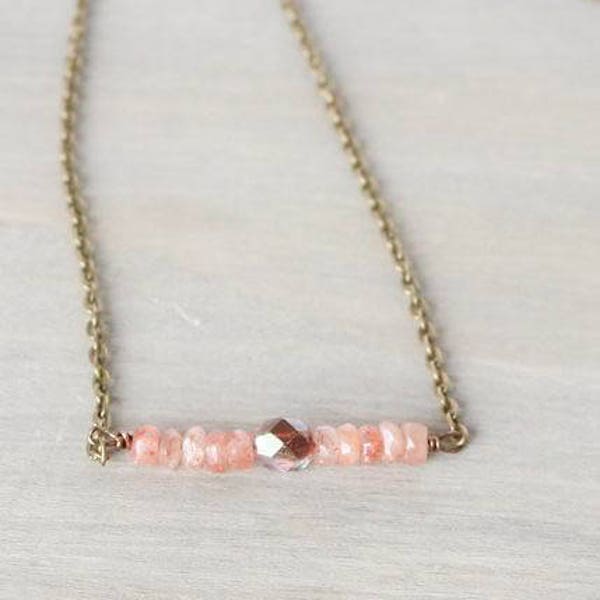 Sunstone Neckace, Bronze Necklace, Simple Necklace, Delicate Necklace, Minimal Jewelry, Pink Necklace, Coral Necklace, Gemstone Necklace