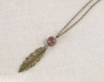 Bronze Feather Necklace, Gemstone Necklace, Pendant Necklace, Simple Necklace, Long Necklace, Layering Necklace, Boho Necklace