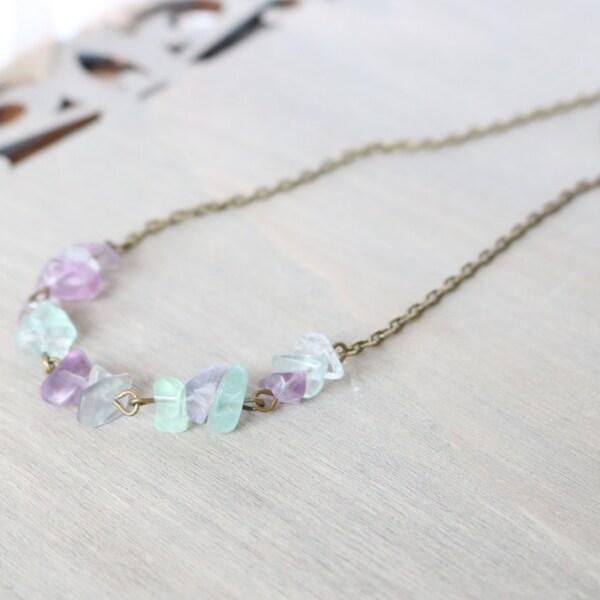 Purple and Green Bronze Necklace - Simple, Layered Necklace, Multi-Fluorite, Boho Necklace