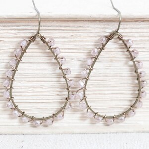 Lavender Teardrop Earrings, Bronze Earrings for Women, Wire Wrapped, Purple Pink Earrings, Beaded Earrings, Bronze Jewelry, Earrings Hoops image 1