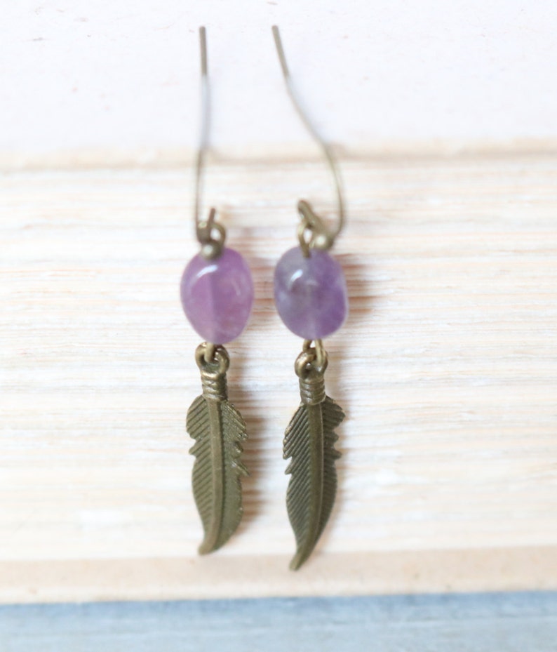 Amethyst Feather Earrings, Bronze Earrings, February Birthstone, Purple Earrings, Gemstone
