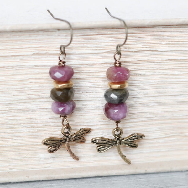 Tourmaline Dragonfly Earrings, Gold Plated Earrings, Bronze Earrings, Faceted Earrings, Purple and Green Earrings