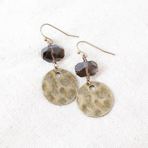 Smoky Quartz Bronze Earrings, Charcoal Gray Earrings, Gemstones Earrings, Bronze Jewelry, Circle Earrings, Charm Earrings, Dangle Earrings