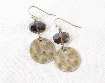 Smoky Quartz Bronze Earrings, Charcoal Gray Earrings, Gemstones Earrings, Bronze Jewelry, Circle Earrings, Charm Earrings, Dangle Earrings