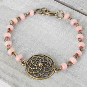 Pink Wood Bracelet, Light Pink Bracelet, Flower Bracelet, Bronze Bracelet, Boho Jewelry, Medallion Bracelet, Bracelets for Women image 2
