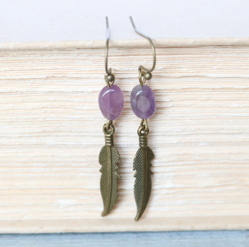 Amethyst Feather Earrings, Bronze Earrings, February Birthstone, Purple Earrings, Gemstone