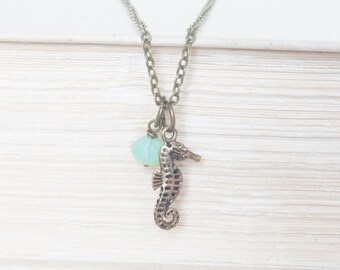Seahorse Bronze Necklace, Green Necklace, Charm Necklace, Pendant Necklace, Boho Necklace, Gift for Her, Beachy Necklace, Simple Necklace