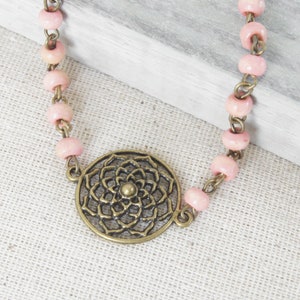 Pink Wood Bracelet, Light Pink Bracelet, Flower Bracelet, Bronze Bracelet, Boho Jewelry, Medallion Bracelet, Bracelets for Women image 3