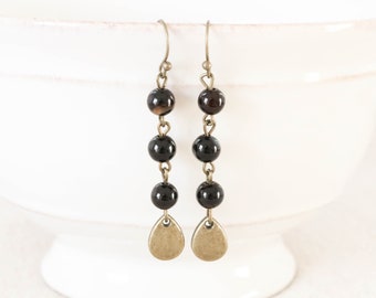 Gemstone Dangle Earrings, Teardrop Earrings, Boho Jewelry, Bohemian Earrings, Black Earrings, Bronze Earrings, Drop Earrings