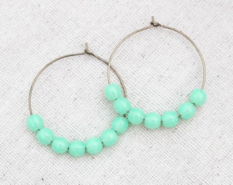 Opaline Hoop Earrings, Blue Green Earrings, Turquoise Earrings, Bronze Hoops, Beaded Hoop Earrings, Bronze Jewelry, Medium Bronze Hoops,