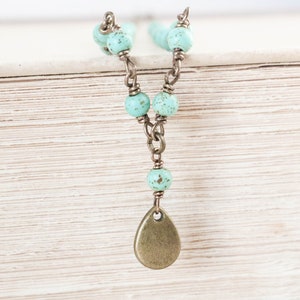 Teardrop Magnesite Necklace, Gemstone Necklace, Blue Necklace, Bronze Jewelry, Pendant Necklace, Wire Wrapped Necklace, Simple Necklace