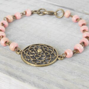 Pink Wood Bracelet, Light Pink Bracelet, Flower Bracelet, Bronze Bracelet, Boho Jewelry, Medallion Bracelet, Bracelets for Women image 4