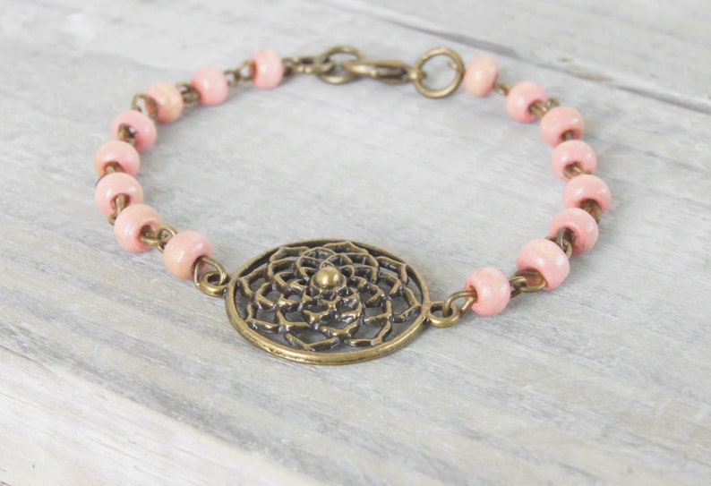 Pink Wood Bracelet, Light Pink Bracelet, Flower Bracelet, Bronze Bracelet, Boho Jewelry, Medallion Bracelet, Bracelets for Women image 4