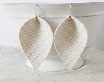 White Faux Leather Earrings, Rustic Mermaid Earrings, Statement Earrings, Sterling Silver Earrings, Boho Earrings, Lightweight Earrings