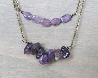 Amethyst Layered Necklace, Bronze Jewelry, Purple Necklace, February Birthstone Jewelry, Boho Necklace, Double Necklace, Gemstone Necklace