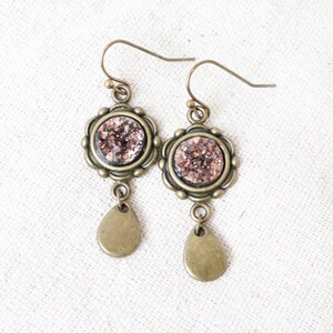 Pink Druzy Earrings, Boho Bronze Earrings, Teardrop Earrings, Dangle Earrings, Drop Earrings, Rose Gold Earrings, Faux Druzy Earrings