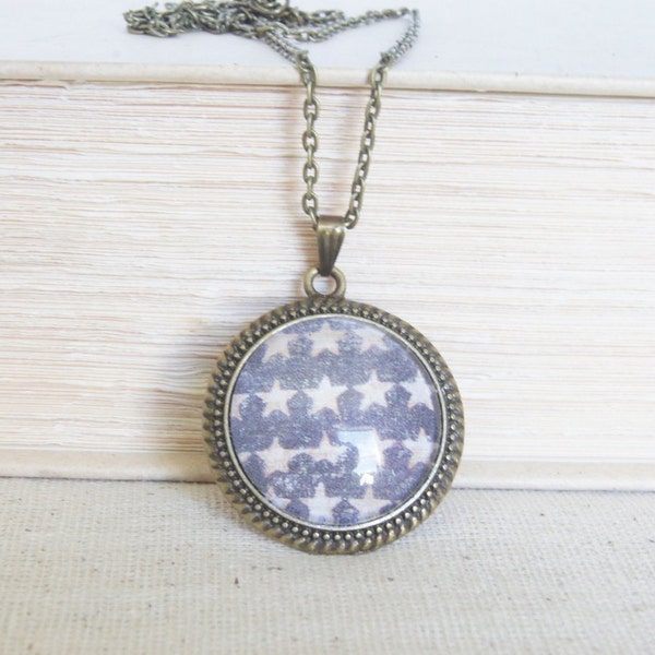 Stars Bronze Pendant Necklace - Navy Necklace, White Stars Pendant, American Jewelry, American Necklace, Bronze Necklace, Pendant Necklace