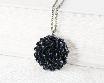 Black Flower Necklace, Bronze Necklace, Pendant Necklace, Vintage Inspired, Gift for Her, Boho Necklace, Bridal Necklace, Statement Pendant