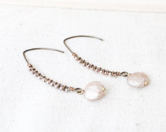 Pearl Bronze Earrings, Taupe Earrings, Bronze Jewelry, Wire Wrapped Earrings, Dangle Earrings, Drop Earrings, Taupe Jewelry, Pearl Jewelry