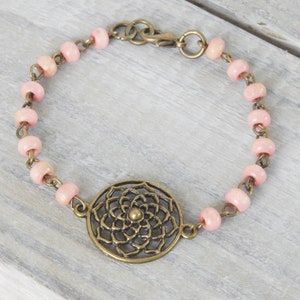 Pink Wood Bracelet, Light Pink Bracelet, Flower Bracelet, Bronze Bracelet, Boho Jewelry, Medallion Bracelet, Bracelets for Women image 5