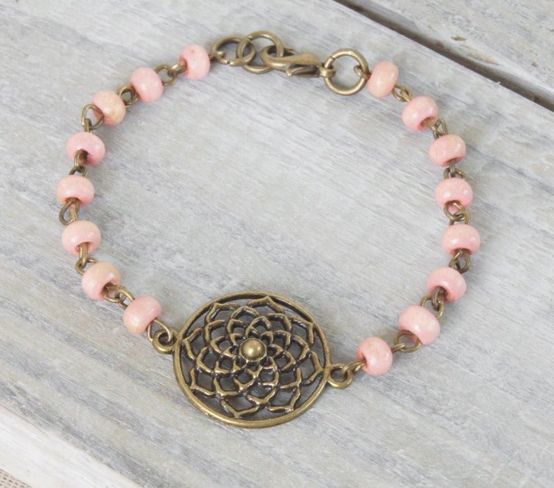 Pink Wood Bracelet, Light Pink Bracelet, Flower Bracelet, Bronze Bracelet, Boho Jewelry, Medallion Bracelet, Bracelets for Women image 5