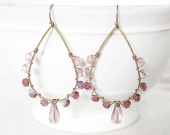 Purple Teardrop Earrings, Wire Wrapped Earrings, Statement Earrings, Pink Earrings, Lavender Jewelry, Bronze Earrings, Dangle Drop Earrings