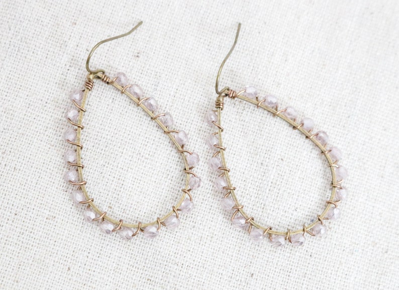 Lavender Teardrop Earrings, Bronze Earrings for Women, Wire Wrapped, Purple Pink Earrings, Beaded Earrings, Bronze Jewelry, Earrings Hoops image 8