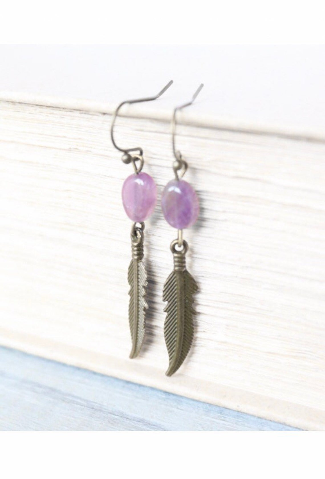 Amethyst Feather Earrings, Bronze Earrings, February Birthstone, Purple Earrings, Gemstone