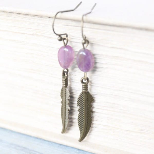 Amethyst Feather Earrings, Bronze Earrings, February Birthstone, Purple Earrings, Gemstone Jewelry, Boho Earrings, Dangle Drop Earrings