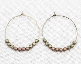 Bronze Hoop Earrings, Copper Hoops, Bronze Jewelry, Beaded Hoops, Earrings for Women, Blue Earrings, Boho Earrings, Simple Earrings