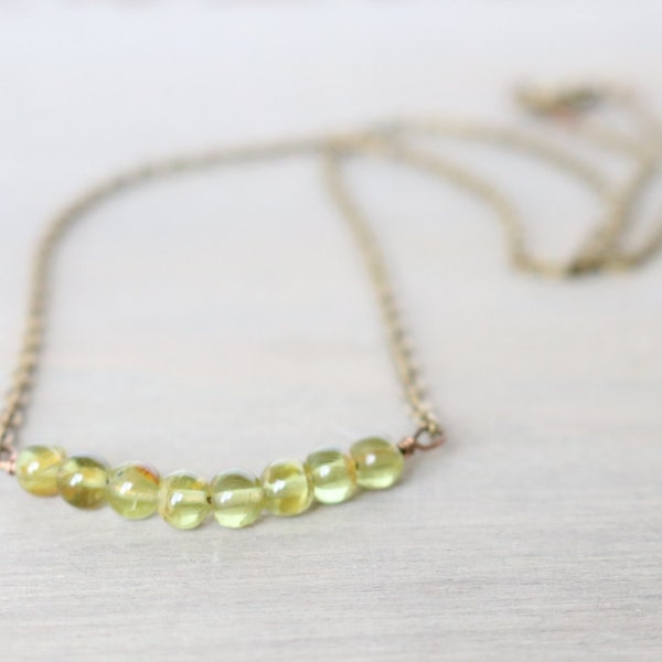 Green Gemstone Necklace, Layering Necklace, Dainty Necklace, Simple Necklace, Bronze Jewelry, Lime Green Jewelry, Beaded Bar Necklace