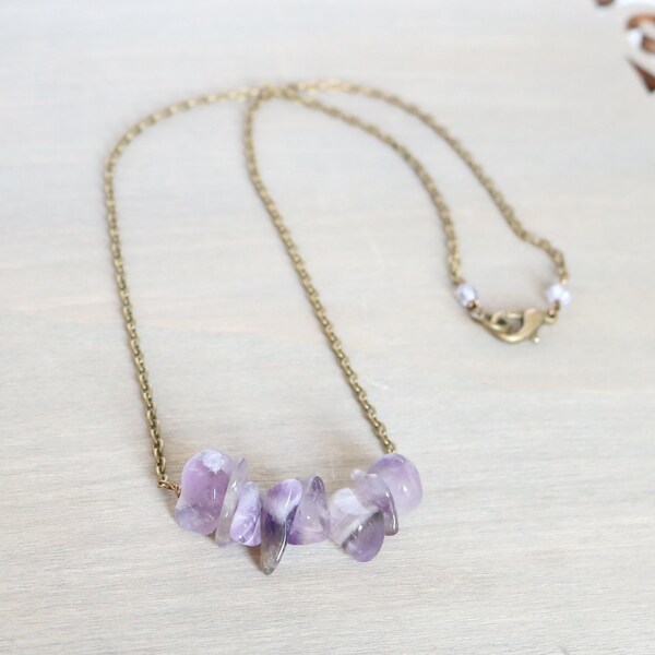 Amethyst Bronze Necklace, Simple Necklace, February Birthstone, Gemstone Necklace, Bohemian Necklace, Boho Jewelry, Purple Boho Necklace