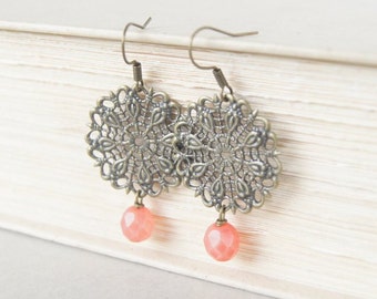 Coral Earrings, Bronze Filigree Earrings, Pink Earrings, Girly Earrings, Gift for Her, Faceted Earrings, Boho Earrings, Bohemian Earrings