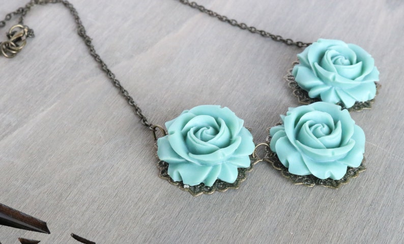 Blue Rose Necklace, Vintage Inspired, Aqua Necklace, Resin Rose Necklace, Bronze Necklace, Everyday Jewelry, Flower Necklace, Bib Necklace image 4