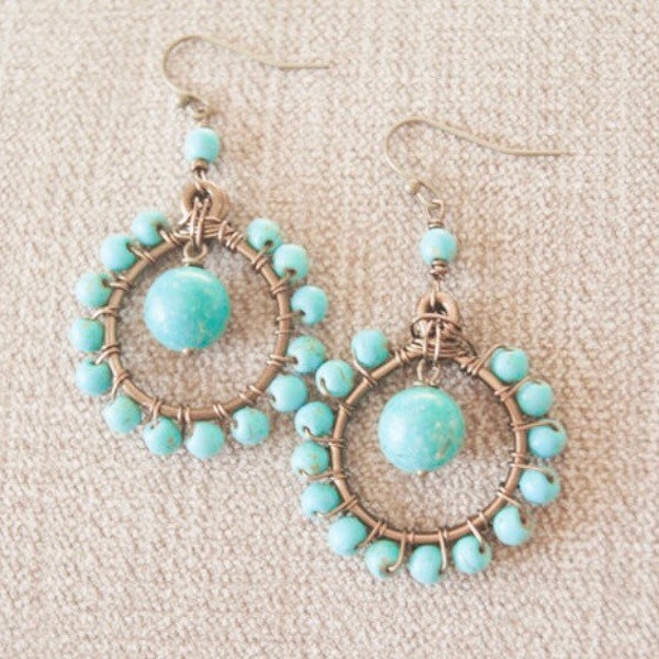 Magnesite Hoop Earrings, Bronze Earrings, Blue Earrings, Wire Wrapped Jewelry, Beaded Earrings, Gemstone Earrings, Turquoise Earrings