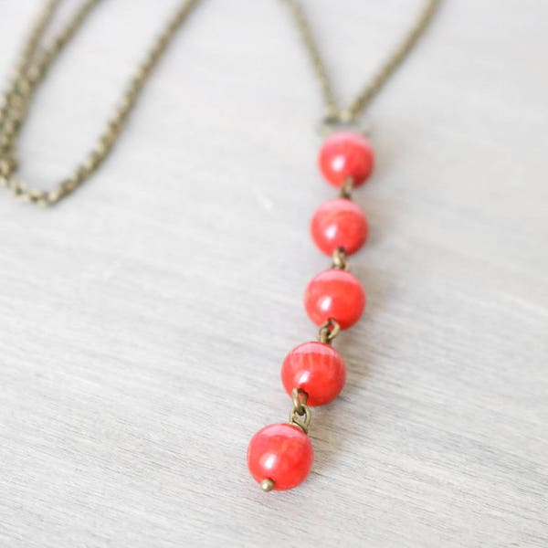 Coral Drop Lariat Necklace, Bronze Necklace, Red, Bamboo Coral, Simple Necklace, Boho Jewelry, Y Necklace,  Drop Necklace, Gift under 20