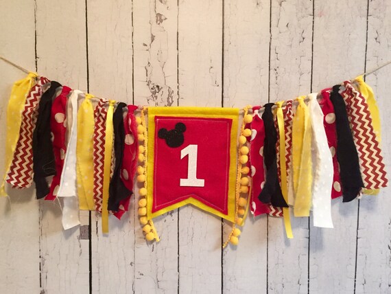 Mickey Mouse Inspired High Chair Birthday Banner Ragtie Cloth Burlap Photo Prop Backdrop