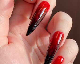 Extra Long Vampy Red and Black Gradient Stiletto Nails | Halloween Nails, Spooky Nails