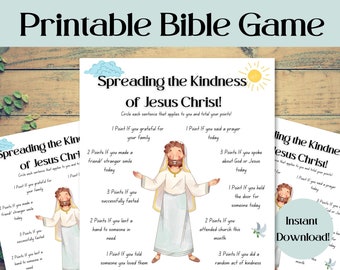 May include: Printable Bible game for children featuring a colourful illustration of Jesus Christ. The game encourages spreading kindness by circling sentences that apply to you and totalling your points.  The game includes sentences like "If you made a friend/stranger smile today" and "If you held the door for someone today".