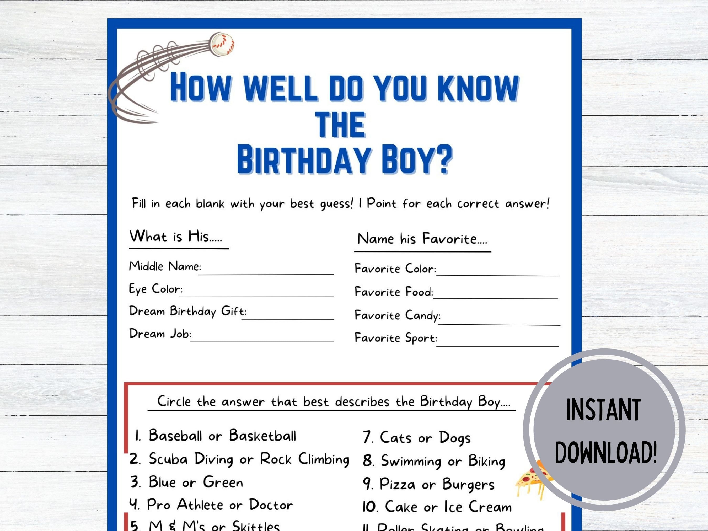 Birthday Party Games Who Knows the Birthday Boy Best Birthday Quiz Birthday Boy Quiz Birthday