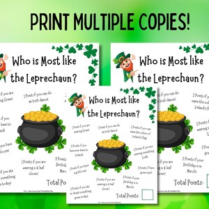 May include: Printable game cards with a leprechaun theme. The cards ask questions about St. Patrick's Day and award points for correct answers. The cards feature a pot of gold and shamrocks.