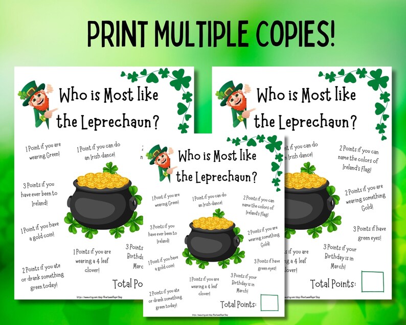 May include: Printable game cards with a leprechaun theme. The cards ask questions about St. Patrick's Day and award points for correct answers. The cards feature a pot of gold and shamrocks.