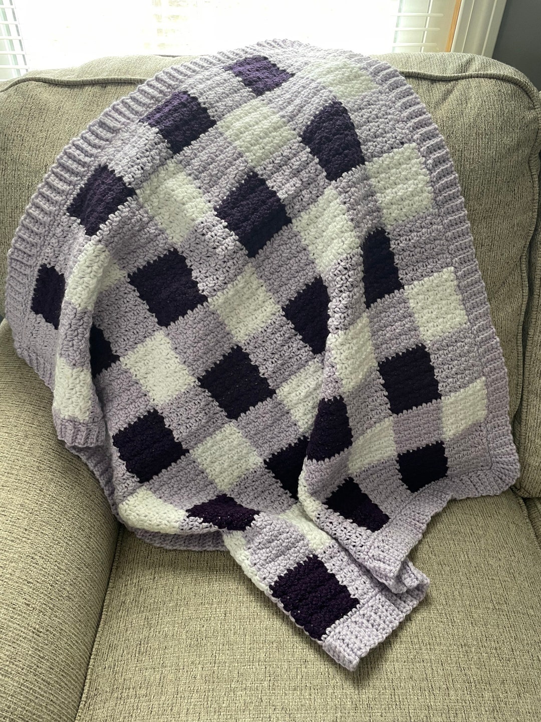 Purple and White Buffalo Plaid Infant Toddler Crochet Afghan UK
