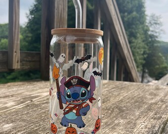 Vaso de cristal de Stitch para Halloween con tapa de bambú y pajita de cristal