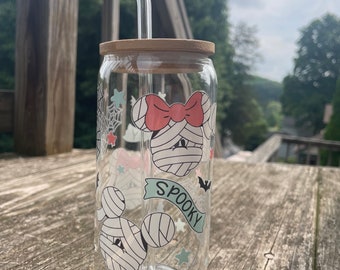 Gobelet en verre effrayant Mickey/Minnie Mummy avec couvercle en bambou et paille en verre