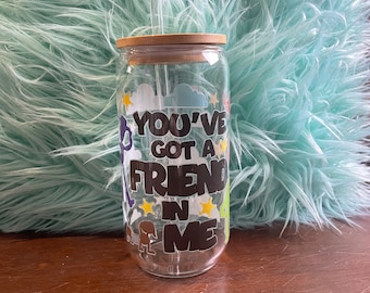 Vaso de lata de cristal de Toy Story con tapa de bambú y pajita de cristal