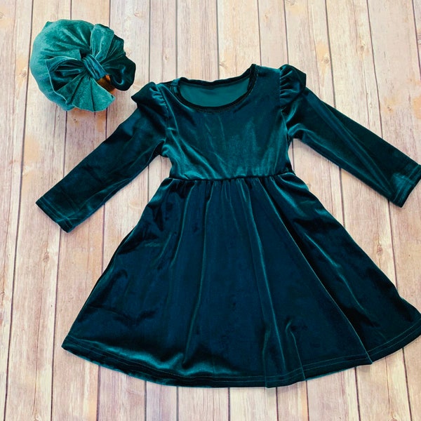 Girls Emerald Velvet Dress, Long Sleeves Velvet Dress, Holiday Dress For Kids,  Christmas Dress For Girls, Green Flower Girls Dress