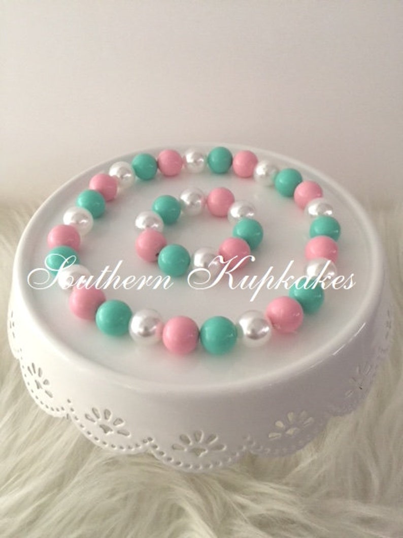 Girls Pink Mint Green Pearl Chunky Custom Made to Match Necklace Bracelet Bubblegum Jewelry Beaded Custom Pageant Boutique Gumball Pink Blue