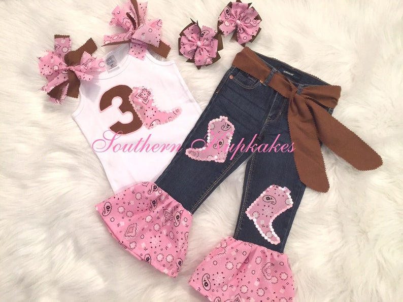 Girls Birthday Western Wear Pink & Brown Bandanna Country Cowgirl 5pc. Set Outfit Custom Boutique Pageant All Sizes 3rd third 4th fourth 5th 