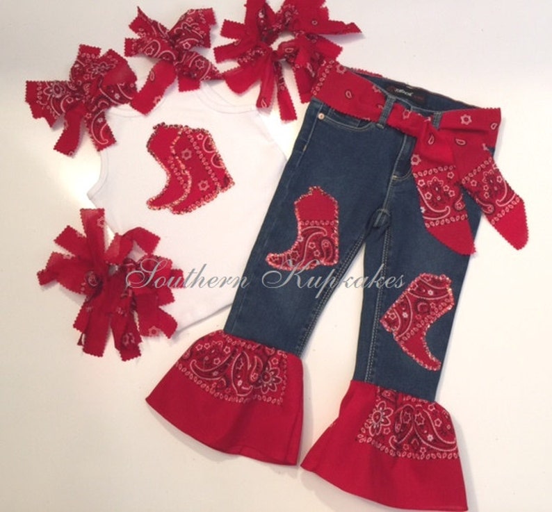 Red Denim Western Wear Bandanna Country Cowgirl 5pc. Set Outfit Girls Custom Boutique Pageant 12mo - 14 Western Wear New Nwt Birthday 